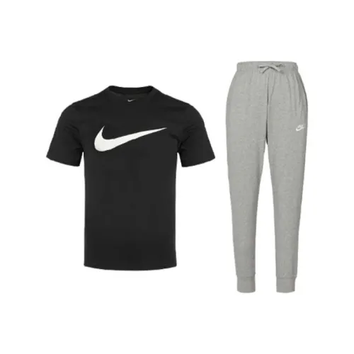 Nike Комплект Черная Короткая Рубашка с Короткими Рукавами + Светло-Серые Штаны Мужские Повседневные Спортивные Одежды