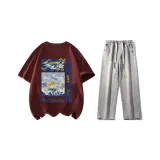 Комплект (Бордовая рубашка с коротким рукавом + Светло-синие джинсы)