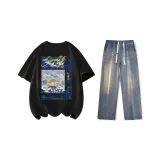 Комплект одежды (Черная рубашка с коротким рукавом + ностальгические синие джинсы)