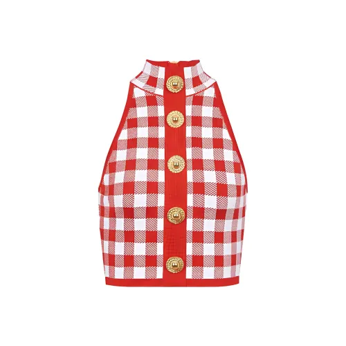 BALMAIN FW23 Fine GINGHAM KNIT Майка Майка Женские Красный