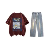 Комплект (Бордовый с коротким рукавом + винтажные синие джинсы)