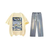 Комплект (Абрикосовая короткая футболка с коротким рукавом + винтажные синие джинсы)