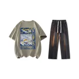 Комплект (Моховая Зеленая Рубашка с Короткими Рукавами + Черные Джинсы)