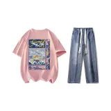 Комплект (Розовая короткая рубашка с короткими рукавами + темно-синие джинсы)