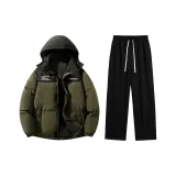 Thickened и Fleece-Lined Set (Черный/Army Зеленый Топ + Черные Штаны с Флисовой Подкладкой)