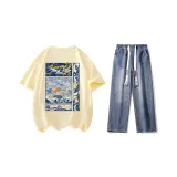 Комплект одежды (Абрикосовая короткая футболка с коротким рукавом + темно-синие джинсы)