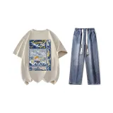 Комплект (Хаки Короткий рукав Рубашка + Темно-синие Джинсы)