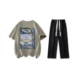 Комплект (Моховая Зеленая Рубашка с Короткими Рукавами + Черные Джинсы)