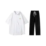 Set (Белая укороченная рубашка с коротким рукавом + Черные брюки)