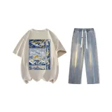 Set (Khaki Short-Sleeved + Vintage Blue Jeans)  
Комплект (Хаки Короткий рукав + Винтажные синие джинсы)