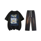 Комплект одежды (Черная рубашка с коротким рукавом + черные джинсы)