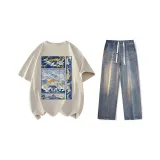 Set (Khaki Short-Sleeved + Nostalgic Blue Jeans)  
Комплект (Хаки Короткий рукав + Ностальгические синие джинсы)