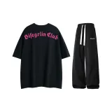 Комплект (Черная короткая рубашка с коротким рукавом с розовым дизайном + черные штаны)