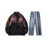 Комплект одежды (Ночная вспышка Черная куртка + Темно-синие джинсы с эффектом вымытия)