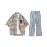 Set (Желтая рубашка в клетку + Светло-синий)
