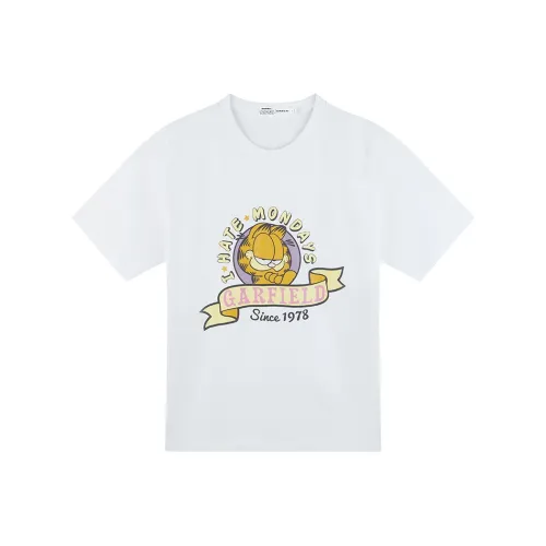 FUN X Garfield Коллаборация С принтом Буква Круглый вырез Пуловер Свободный крой Универсальный Короткий рукав Т-рубашка Женская Белая