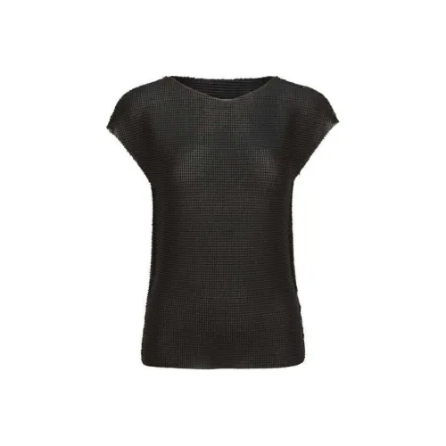 ISSEY MIYAKE Однотонный Пуловер V-образный вырез Плиссированная Короткая рукавная рубашка Женская Черная