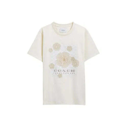 COACH Буква Цветочный принт Круглый вырез Короткий рукав Т-рубашка Женская Белая