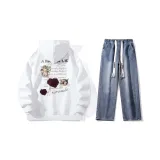 Комплект (Белый свитшот + Темно-синие джинсы)