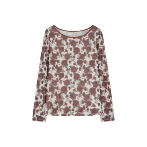 Mo Han Yi Mei Бежевый с красным принтом Женские T-рубашки