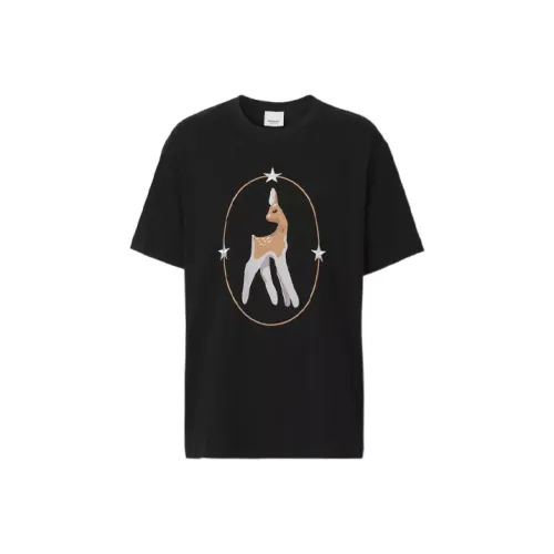 Burberry Deer Pattern Cotton Loose Fit Pullover Short Sleeved Shirt Women's Black