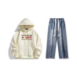 Комплект одежды (Абрикосовый свитшот + Темно-синие джинсы с эффектом вымытого)