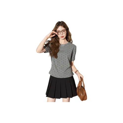 FAWENXIANGZI Фонарик-рукав T-рубашка Женская Серый с утяжкой на талии