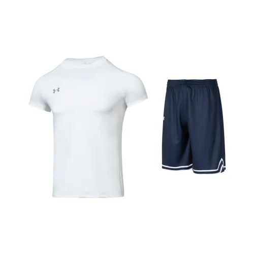 Under Armour Комплект Белый T-Рубашка + Морской Синий Шорты Мужские Повседневные Спортивные Одежды