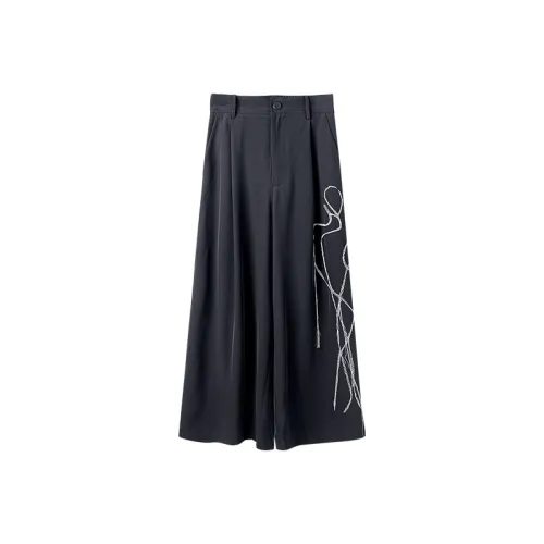 HUANXIANGZHE Триацетат Вышивка Широкие брюки Обрезанные штаны Унисекс Черный