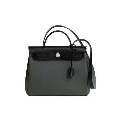 HERMES Herbag Zip Холст с сумкой через плечо Hunter из коровьей кожи женская зеленый и черный