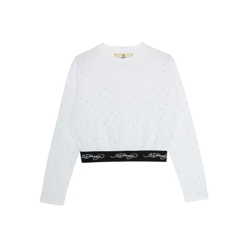 Ed Hardy Облегающий прямой крой Длинный рукав Т-рубашка Женская Белая