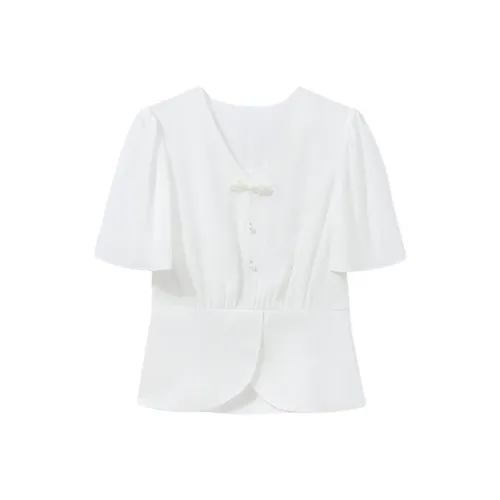 XIAOGULI Новый китайский стиль На пуговицах V-образный вырез Пуловер с короткими рукавами Рубашка Женская Белая