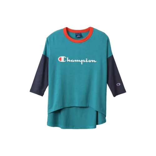 Champion T-рубашка с рукавом спущенное плечо женская синяя и зеленая японская версия