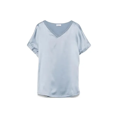 BRUNELLO CUCINELLI Сатин V-образный вырез Короткий рукав Т-рубашка Женская Синяя