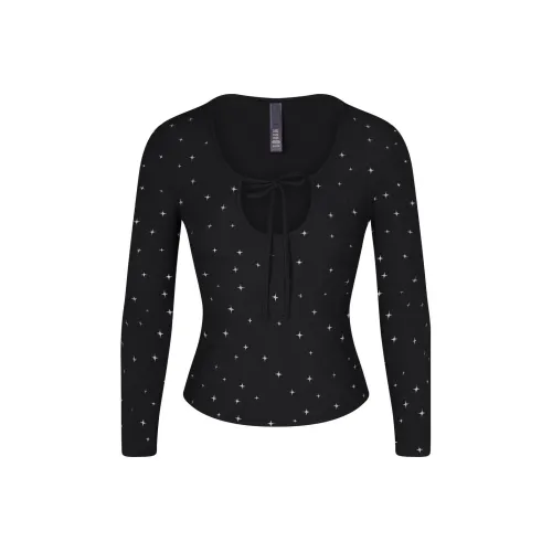 SKIMS Мягкий Lounge Длинный рукав Кроп топ Т-рубашка Женская Onyx Sparkle С принтом Ониксовый мерцающий принт