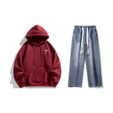 Комплект одежды (Бордовая толстовка + Темно-синие джинсы с эффектом вымытого)