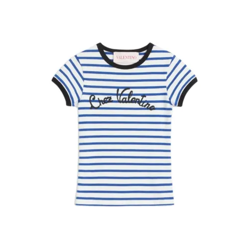 Valentino Полосатая Круглый вырез Короткий рукав Т-рубашка Женская Синяя