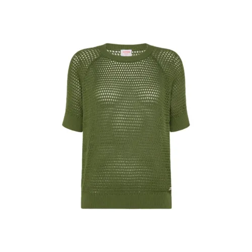 SUN68 Однотонный Круглый вырез Пуловер с вырезами Короткий рукав Т-рубашка Женская Зеленая