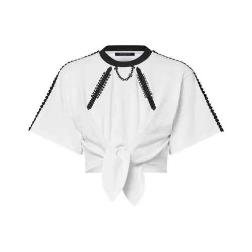 LOUIS VUITTON By the Pool Цепочка Украшение Круглый вырез Пуловер с Узлом Короткий рукав Т-рубашка Женская Белая