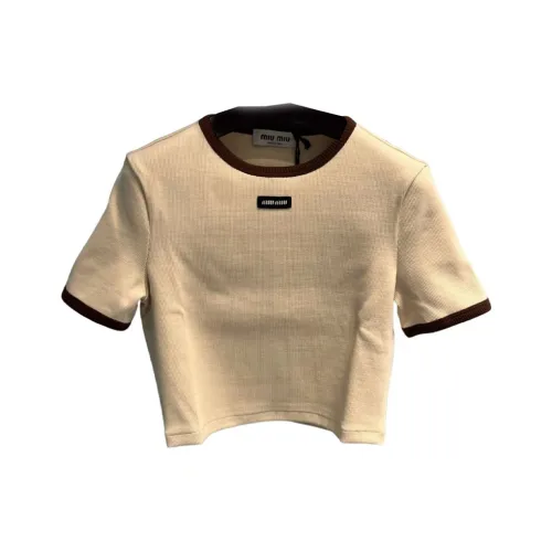 MIU MIU Логотип Значок Round Neck Укороченный Короткий Рукав Т-Рубашка Женская Молочно-чайный