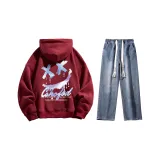 Комплект одежды (Бордовая толстовка + Темно-синие джинсы с эффектом вымытого)