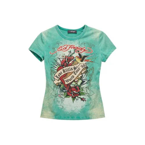 Ed Hardy Женские футболки с V-образным вырезом, цвет темно-зеленый