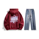 Комплект одежды (Бордовая толстовка + Темно-синие джинсы с эффектом вымытого)