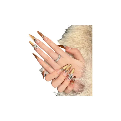 XIAMEIYU Maillard Style Cat Eye Stacked Ромб Сумерки Seduction False Nail Длинный Заостренный Золотисто-коричневый Градиентный Coquette