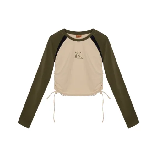 BEERBRO Прямой крой Длинный рукав Т-рубашка Женская Абрикос и Армейский зеленый