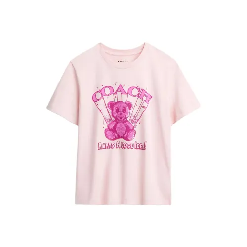 COACH Однотонный Круглый вырез Медвежонок Цветочный Короткий рукав Стандартная рубашка Женская Розовая