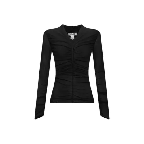 DVF Diane Von Furstenberg Однотонная Плиссированная Марля V-образный вырез Длинный рукав Т-рубашка Женская Черная