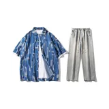 Комплект (Джинсовая синяя рубашка + желтые грязные джинсы)