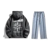 Комплект одежды (Темно-серый свитшот + Светло-синие джинсы из денима)