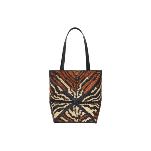 LOEWE Puzzle Fold Рафия с коровьей кожей Сумка через плечо средний размер женский черный и медовый золотой